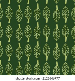 Cartoon leaf pattern with hand drawn leaves. Cute vector black and white leaf pattern. Seamless monochrome doodle leaf pattern for dark green fabric,