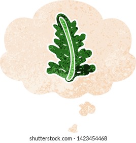 hoja de dibujos animados con burbuja de pensamiento en un estilo retro angustiado con textura gruesa