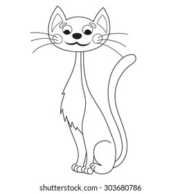 Cartoon lean kitty, vector illustration of funny cute thin cat with kind muzzle, cat smiling and sitting, coloring book page for children