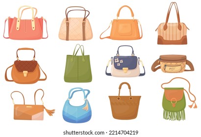 Cartoon leather handbags. Woman handbag with straps and chain accessories, fashion design model bag on shoulder, set luxury purse and bags for lady, neat vector illustration of female leather handbag