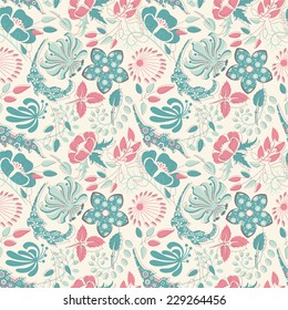 cartoon leaves and flowers in seamless pattern