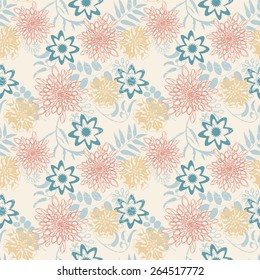 cartoon leaves and flowers in seamless pattern 