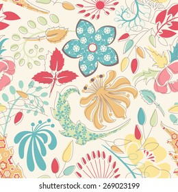 cartoon leaves and flowers in seamless pattern