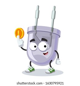 cartoon LED light diode lamp mascot keeps the coin on white background