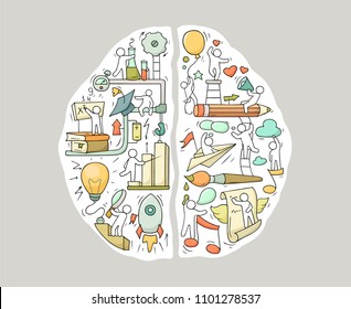 Cartoon Left and right brain functions with little people. Doodle vector illustration for psychology and creative design.