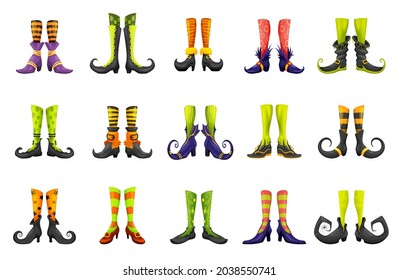 Cartoon legs of fairy witch sorceress or elf and enchantress, vector gnome boots. Halloween witch legs in striped stockings and shoes with buckles, fairy hag or hex sorceress magic boots