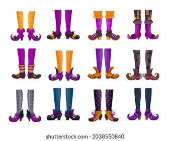 Cartoon legs of fairy witch or sorceress hellcat, elf or enchantress, vector icons. Witch legs in stockings and fairy boots or shoes with buckle buttons, Halloween witch or hellcat enchantress feet