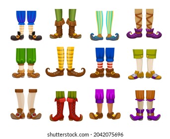 Cartoon legs of gnome, elf, wizard, magician and warlock, wiz and sorcerer. Isolated vector feet and shoes of fairy magic characters with funny striped pants, socks and stockings, boots and tights