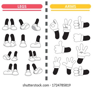Cartoon legs and hands. Legs in boots and gloved hands. Cute leg in boots and gloved hand collection
