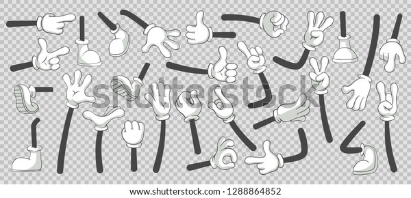 Cartoon legs and hands.\
Legs in boots and gloved hands. Feet and glove hand character or\
foot in sneakers kicking, walking and running. Vector isolated\
illustration symbols\
set