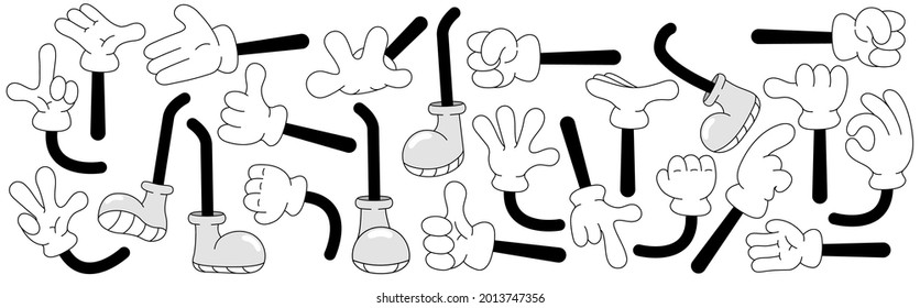 Cartoon legs and hands. Legs in boots, hands in gloves, With various gestures and body postures. Running, Walking, Handshaking, High Five, Set of vector isolated illustrations