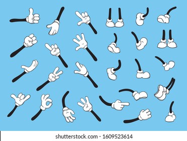 Cartoon legs   hands collection  Cute Leg in boots   gloved hand  comic feet in sneakers   Palms in gloves  Shoes different poses vector illustration symbols set 