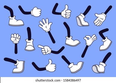 Cartoon legs and hands. Comic character gloved arm and feet in boots, retro doodle arms with different gestures, running and walking legs vector isolated illustration set. High five, footsteps