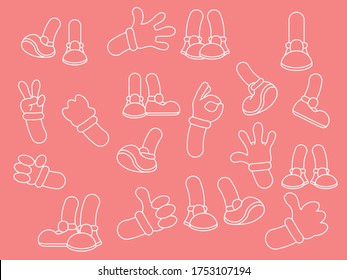 Cartoon legs and hands. Glove arm and shoe heel kicking or walking mascot vector isolated illustration symbols set.