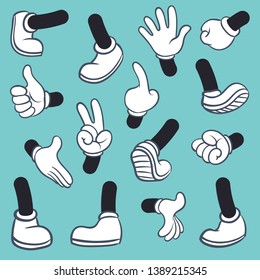 Cartoon legs hands. Leg in boots and gloved hand pointing ok, gestures parts body comic feet in shoes different poses. Vector illustration set