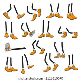 Cartoon legs, isolated comic feet in laced yellow shoes. Vector stick foot walk, stand and jump, run, lying, dance and go. Body parts front, side, rear view, limb in footwear on white background