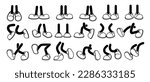 Cartoon legs in shoes. Comic retro feet in different poses, funny character mascot foot in boot, leg standing, walking, running, jumping. Vector set. Isolated footwear, step movements