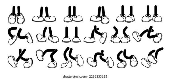 Cartoon legs in shoes. Comic retro feet in different poses, funny character mascot foot in boot, leg standing, walking, running, jumping. Vector set. Isolated footwear, step movements