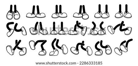 Cartoon legs in shoes. Comic retro feet in different poses, funny character mascot foot in boot, leg standing, walking, running, jumping. Vector set. Isolated footwear, step movements