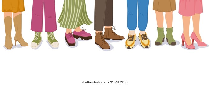 Piernas de dibujos animados con zapatos, botas informales, lomos de cuero y zapatillas de deporte. La gente de moda en zapatos masculinos y femeninos se adapta a la ilustración vectorial. Colección de calzado de moda