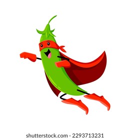 Cartoon legume or green pea superhero character, flying with a determined expression on face, wear red cape and fights evil with superhuman strength, powered by a diet of nutritious beans and nuts