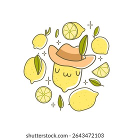 Cartoon lemon character with cowboy hat vector illustration. Cute western citrus fruit and lemon slices.