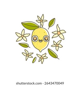 Cartoon lemon character with cute eyes and smile.  Adorable citrus fruit, leaves and flowers vector illustration.