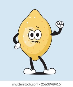 Cartoon lemon character with a sour expression, clenched fist, and a funny pose, isolated on a light blue background. Flat cartoon vector illustration