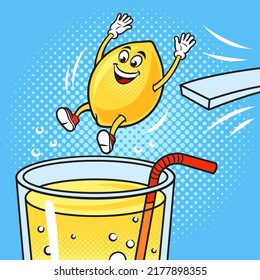 cartoon lemon diving into a glass of juice pop art retro vector illustration. Comic book style imitation.