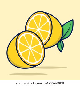 Cartoon Lemon Fruit, bright yellow lemon fruit with green leaf markings. Fresh icon design template, juice concentrate symbol from curved lines. Flat vector illustration on background.