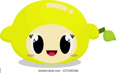 Cartoon Lemon isolated Fruit With funny cute smile sticker face emoji fun and cheerfull emoticon vector character , usefull for kids , baby and toddler,white background