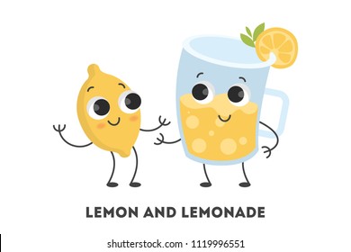 Cartoon lemon and lemonade in glass on white background.