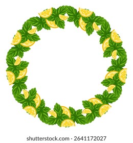 Cartoon lemon and mint frame with citrus slices and green leaves. Vector isolated illustration on white background
