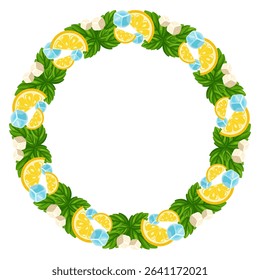 Cartoon lemon and mint frame with ice cubes and sugar cubes. Vector isolated illustration on white background