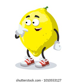 cartoon lemon showing himself on a white background