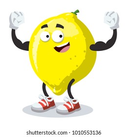 cartoon lemon shows its strength on a white background