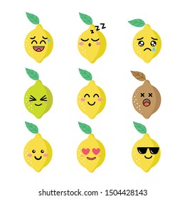 Cartoon lemon, smile face, happy face, cry face and sleepy face.