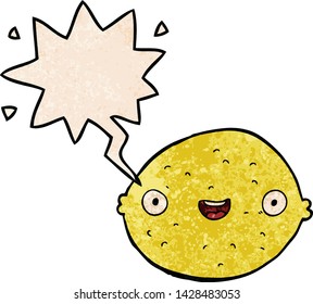 cartoon lemon with speech bubble in retro texture style