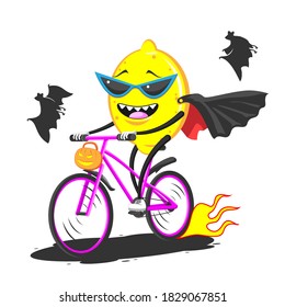 Cartoon lemon in sunglasses raincoat bat on bike rides Halloween, vector image eps