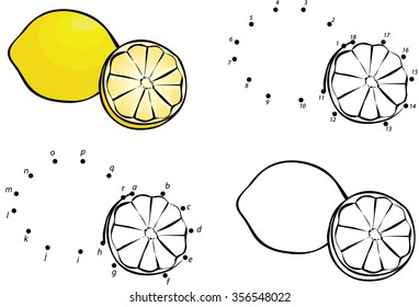 Cartoon lemon. Vector illustration. Coloring and dot to dot educational game for kids