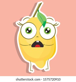 cartoon lemon vector image, sticker of scared surprised lemon, character