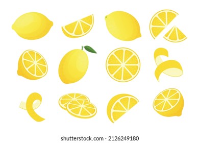 Cartoon lemon. Yellow citrus peel, piece and slice logo, and chopped lemons. Vector lemonade ingredient set