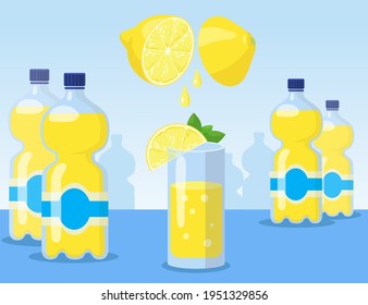 Cartoon lemonade in glass and bottles flat vector illustration. Process of making yellow lemonade with sliced lemons on blue background. Drinks, beverages concept for advertisement or banner design