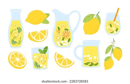 Cartoon lemonade and lemons in bottle and jar. Water with mint and lemon slice. Juice in glass and carafe, fresh summer drinks racy vector set