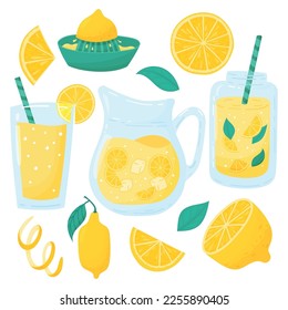 Cartoon lemonade set. Lemonade in jar, mint cocktails, pitcher drinks with straw, lemon slice, juicer