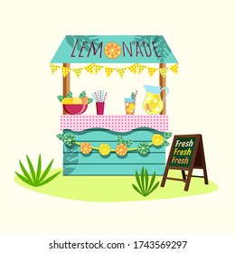 Cartoon lemonade stand with fresh lemons and freshly squeezed juice 