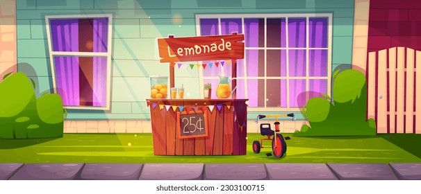 Parada de limonada de caricatura en el patio de la casa. Ilustración vectorial de una pequeña tienda que vende bebidas frescas de cítricos caseros en un día caluroso soleado, pared delantera rural de cabaña con ventanas, césped verde, pavimento callejero