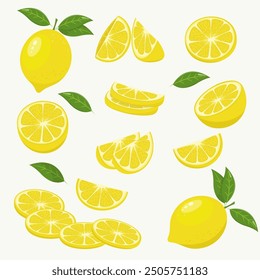 Cartoon Lemons Icons Illustration set. the whole, slices. Stock vector art isolated on white background