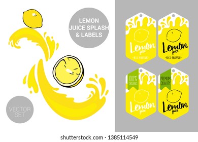 cartoon lemons with juice splashes. Organic fruit labels tags and lemon juice text. Colorful tropical stickers. Juicy exotic fruit badges with splashes. Citrus Fruit vector package set for web, print