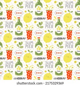 Cartoon lemons, lemonade in bottles and cups, juice splashes, speech bubbles, twigs, lettering, summer hashtag. Vector seamless pattern.